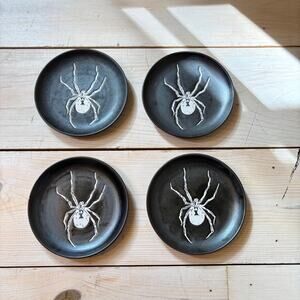 Threshold NWT Black Matte Halloween Spider Stoneware Appetizer Plate Set of 4